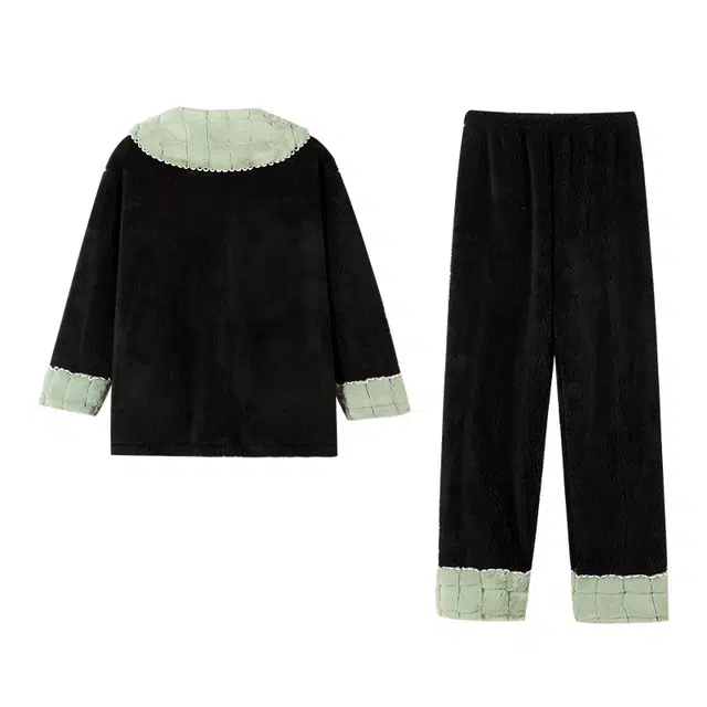 可人儿  珊瑚绒睡衣睡裤 加绒加厚保暖  郁金香拼色简约可外穿家居套装  秋冬季女款黑色