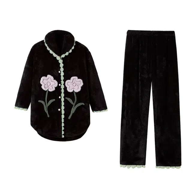 可人儿  珊瑚绒中长款睡衣睡裤 加绒加厚保暖  甜美花边可外穿家居套装  秋冬季女款黑色