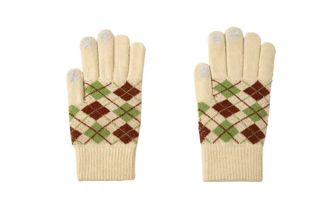 白卷 拼色菱形格五指  防寒加绒 可触屏 绒线手套 女款