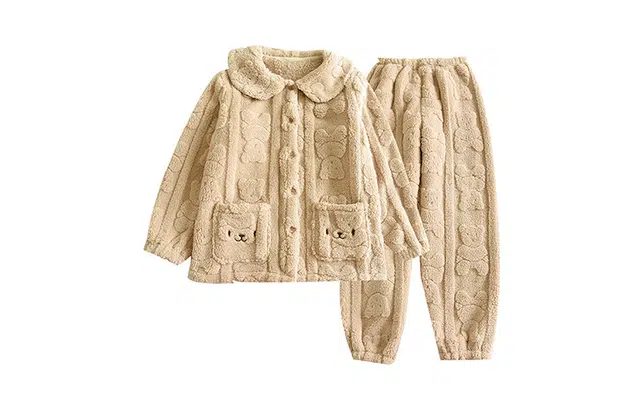 橡柠派 提花小熊开衫翻领加绒加厚睡衣套装 女款 卡其色