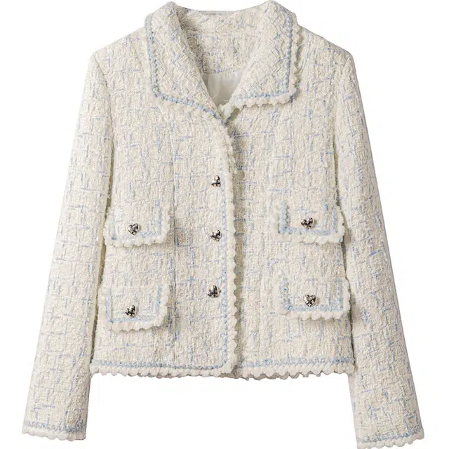 丝柏舍 法式翻领甜美爱心纽扣长袖小香风截短外套 女款 白底蓝色