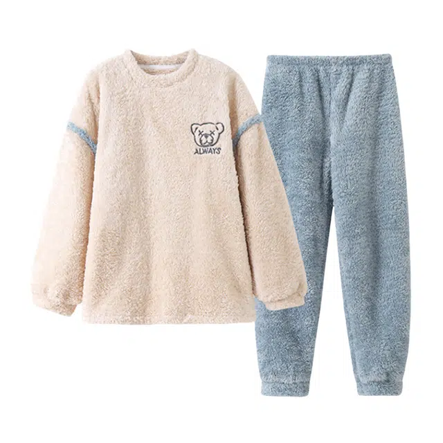 橡柠派 冬季闭眼小熊保暖情侣款简约套装加绒加厚长袖长裤家居套装 男女同款 蓝色