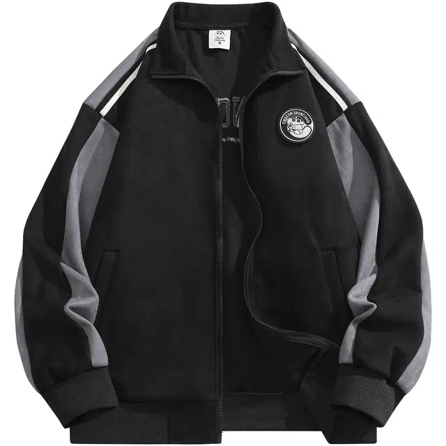 蜡笔小新 撞色麂皮拼接卡通小新徽标休闲宽松落肩立领夹克外套 男女同款