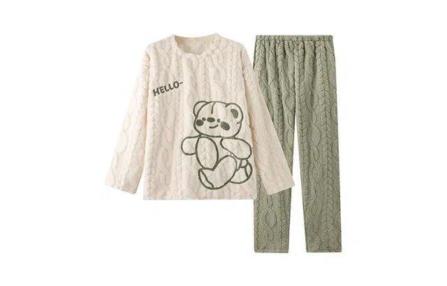 橡柠派 冬季可爱小熊保暖情侣款简约运动风套装加绒加厚长袖长裤睡衣套装 男女同款 米白色