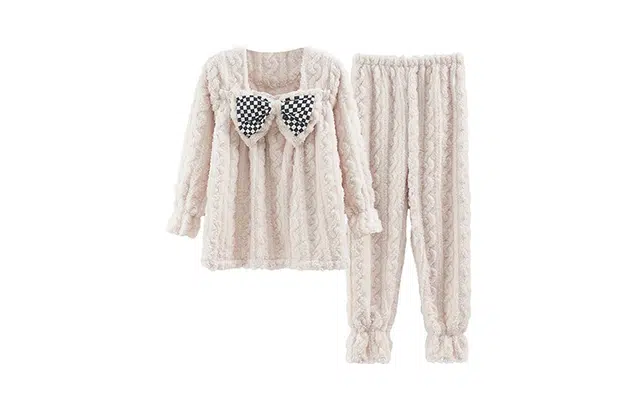 橡柠派 冬季棋盘格蝴蝶结方领套装加绒加厚长袖长裤家居套装 女款 白色