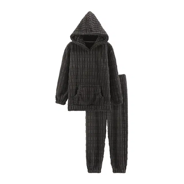 橡柠派 冬季纯色保暖情侣款连帽套头高级感时尚套装加绒加厚长袖长裤家居套装 男女同款