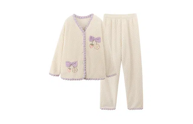 橡柠派 冬季小樱桃蝴蝶结女士简约甜美少女套装加绒加厚长袖长裤 家居套装  女款  星黛紫