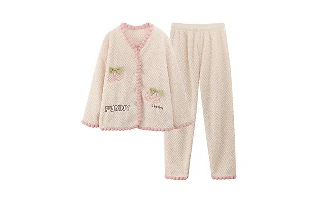 橡柠派 冬季可爱草莓樱桃女士简约甜美开衫小清新套装加绒加厚长袖长裤家居套装 女款 少女粉