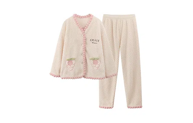 橡柠派 冬季小葡萄女士简约甜美少女小清新 加绒加厚长袖长裤睡衣套装 女款 蜜桃粉