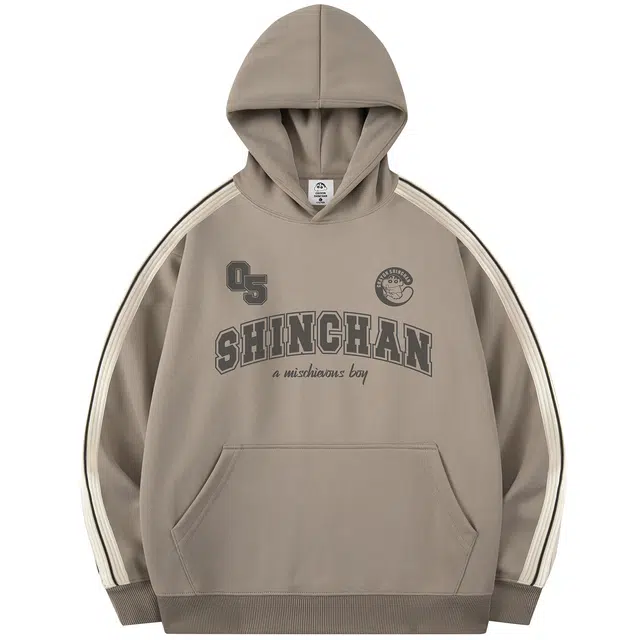 蜡笔小新 撞色条纹卡通字母小新印花休闲落肩套头连帽卫衣 男女同款