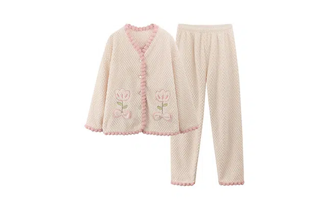 橡柠派 冬季花朵蝴蝶结女士简约甜美套装加绒加厚长袖长裤家居套装 女款 粉色