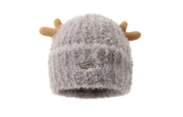 白卷 卡通鹿角保暖护耳可爱毛绒 绒线帽 男女同款情侣款