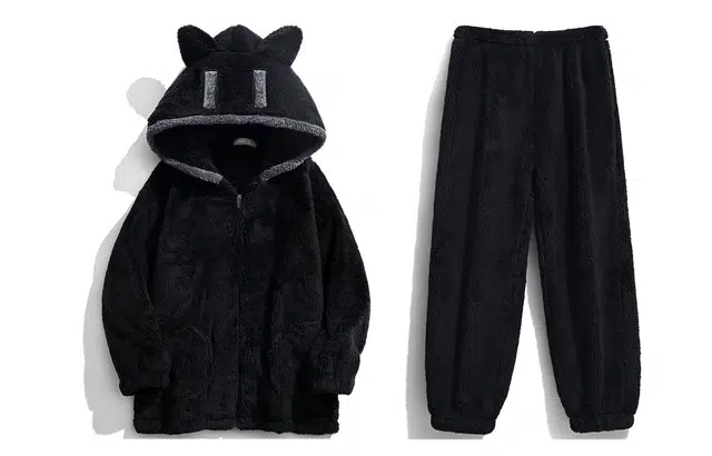 同语 能当外套穿的睡衣 小怪兽卡通睡衣男珊瑚绒秋冬季加厚连帽款套装休闲可外穿男士冬天家居服 家居套装 男款 侘寂黑