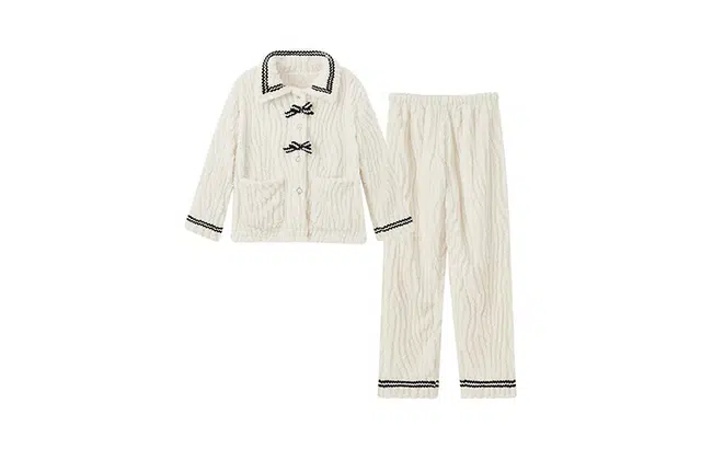 橡柠派 冬季公主风小蝴蝶结女士简约甜美开衫小香风 加绒加厚长袖长裤 家居套装  女款  米白