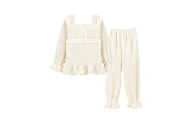 橡柠派 冬季公主风珊瑚绒蝴蝶结蕾丝方领甜美小清新简约加绒长袖长裤睡衣套装 女款 象牙白