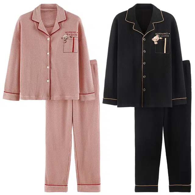 眠趣 可外穿睡衣女秋冬季棉质华夫格长袖韩版学生可爱卡通简约时尚高级风睡衣套装 男女同款