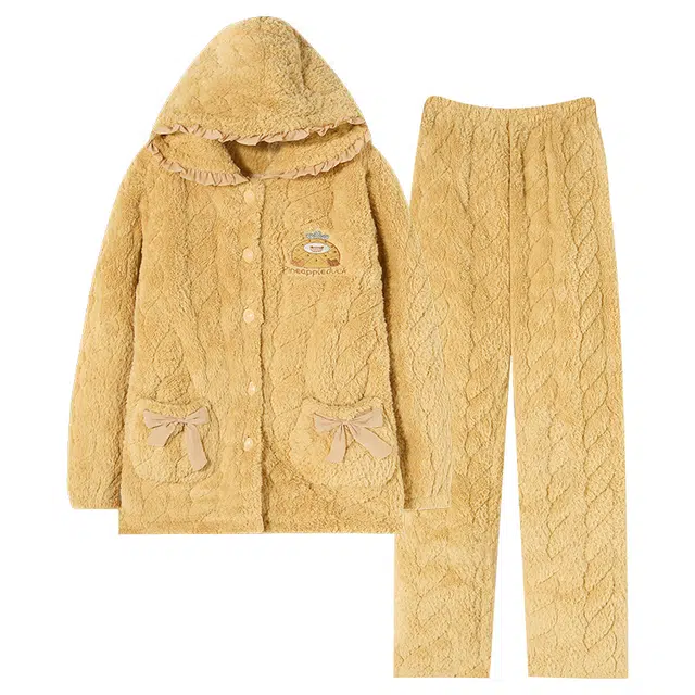 可人儿 珊瑚绒三层夹棉睡衣睡裤 加绒加厚保暖 小清新菠萝连帽 简约可外穿 家居套装 秋冬季 女款黄色