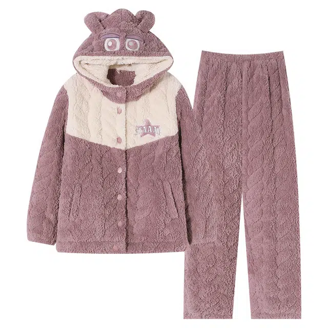 可人儿 珊瑚绒三层夹棉睡衣睡裤 加绒加厚保暖 大眼怪小熊连帽 简约可外穿 家居套装 秋冬季 女款紫色
