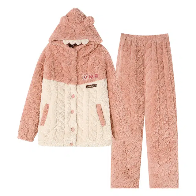 可人儿 珊瑚绒三层夹棉睡衣睡裤 加绒加厚保暖 小恶魔连帽字母 简约可外穿 家居套装 秋冬季 女款橘粉色