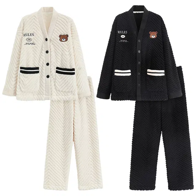 眠趣 睡衣家居服男女 可外穿简约时尚可爱 情侣睡衣家居服 长袖套装 家居服套装 学生男女秋冬 加绒加厚舒适保暖 家居套装 聚酯纤维