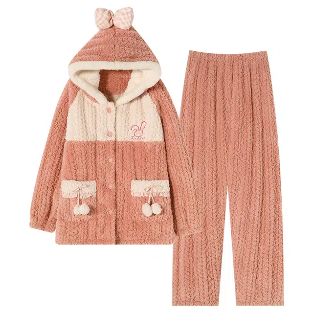 可人儿 珊瑚绒三层夹棉睡衣睡裤 加绒加厚保暖 卡通小兔子连帽 甜美简约可外穿 家居套装 秋冬季 女款橘粉色
