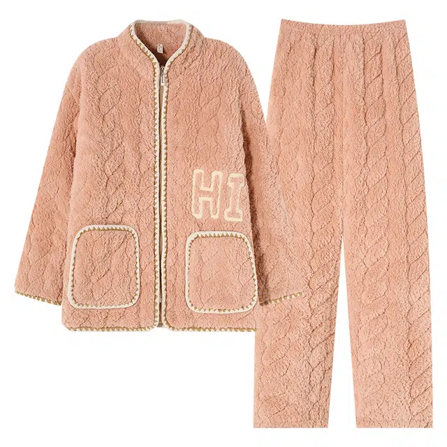可人儿 珊瑚绒三层夹棉睡衣睡裤 加绒加厚保暖 字母拉链款 简约可外穿 家居套装 秋冬季 女款橘粉色
