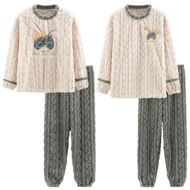 眠趣 可外穿简约时尚可爱风卡通小清新 情侣睡衣长袖套装 学生男女秋冬 加绒加厚舒适保暖 家居套装 情侣款