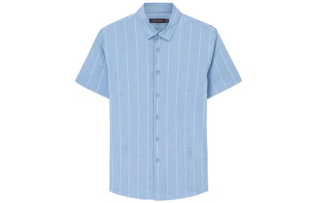 才子 印花竖条纹短袖透气衬衫 男款 蓝色