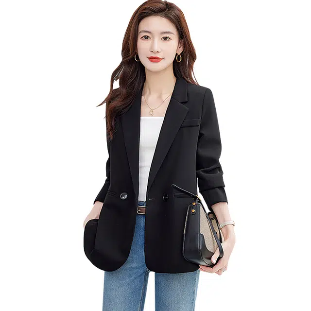 丝柏舍 后背开叉设计气质西服外套修身通勤休闲双排扣纯色长袖西装 女款 黑色