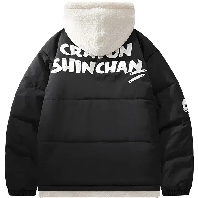 蜡笔小新 假两件连帽卡通字母印花休闲保暖棉服外套 男女同款