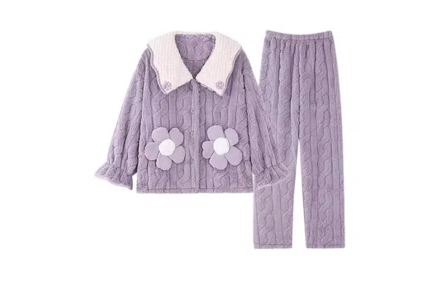 橡柠派 秋冬款珊瑚绒提花睡衣开衫太阳花小清新甜美加绒长袖长裤家居套装  女款 星黛紫