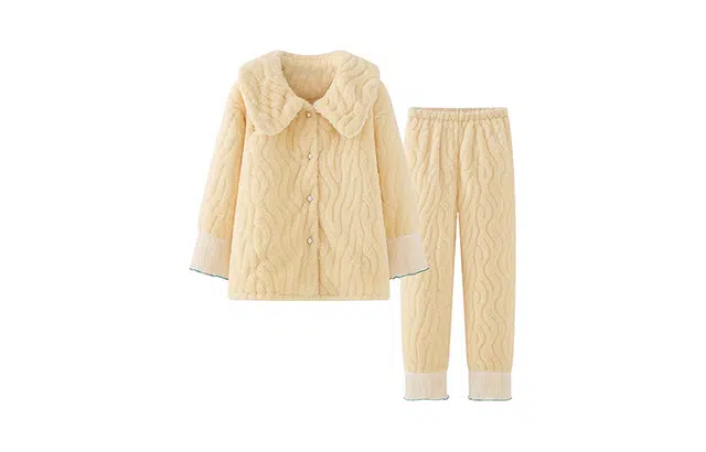 橡柠派 秋冬款可爱珊瑚绒睡衣开衫珍珠领小清新简约加绒长袖长裤家居套装  女款 黄色