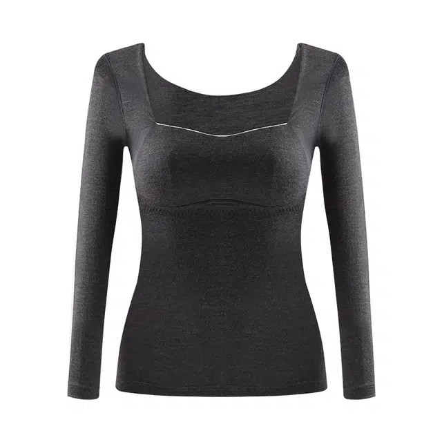 丝之莎 纯色方领加绒加厚发热无痕带胸罩打底保暖上装 女款 灰色