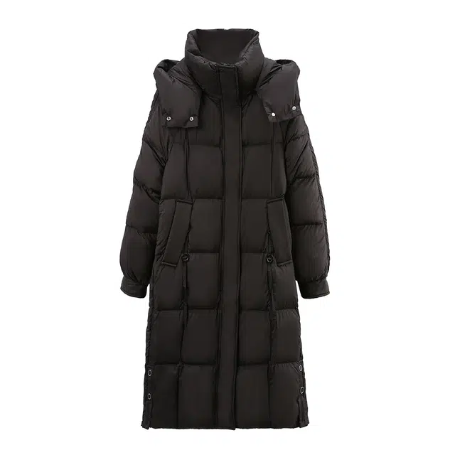 苏醒的乐园 保暖通勤连帽宽松长款纯色加厚羽绒服 女款 黑色