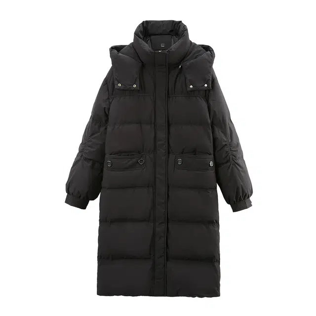 苏醒的乐园 保暖通勤宽松长款连帽纯色加厚羽绒服 女款 黑色