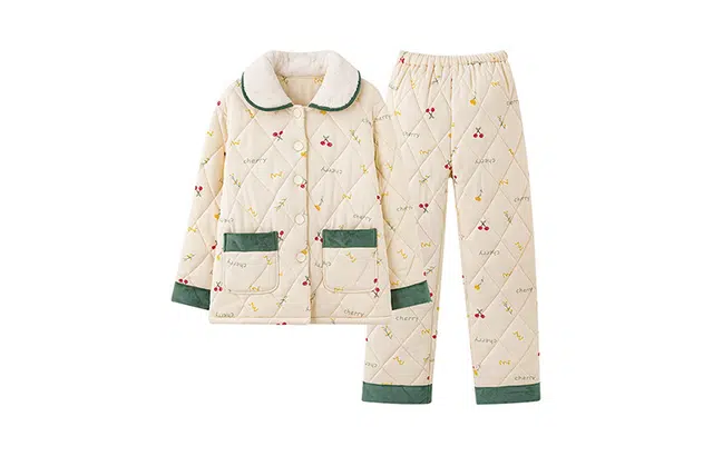 橡柠派 冬季三层夹棉小清新樱桃加绒加厚超保暖长袖长裤 家居套装  女款 米白色