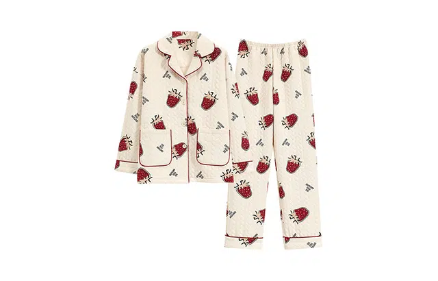 橡柠派 冬季三层夹棉小清新草莓开衫加厚超保暖长袖长裤 家居套装  女款  米白色