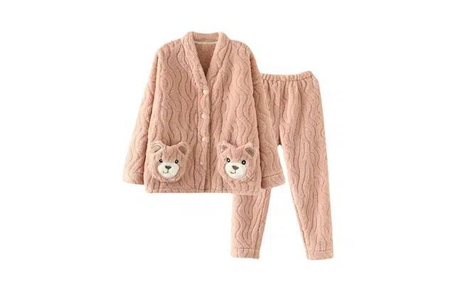 橡柠派 秋冬款珊瑚绒加厚可爱笨笨熊帽开衫长袖长裤 家居套装  女款 藕粉色/米白色