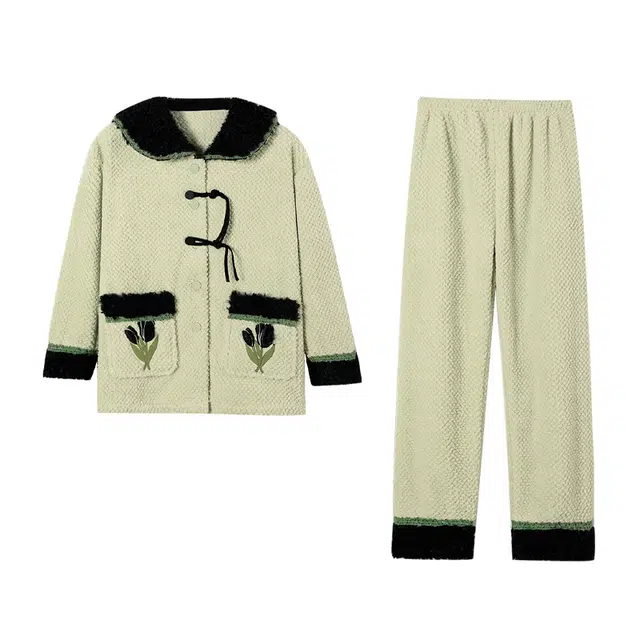 可人儿 珊瑚绒新中式睡衣睡裤 加绒加厚保暖 甜美郁金香简约可外穿家居套装 秋冬季女款嫩绿色