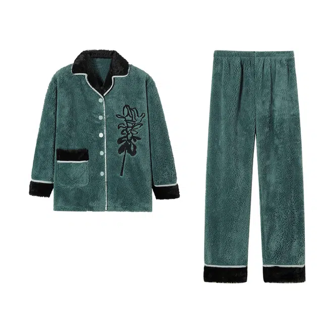 可人儿 珊瑚绒睡衣睡裤 加绒加厚保暖 撞色郁金香气质简约可外穿家居套装 秋冬季女款青色