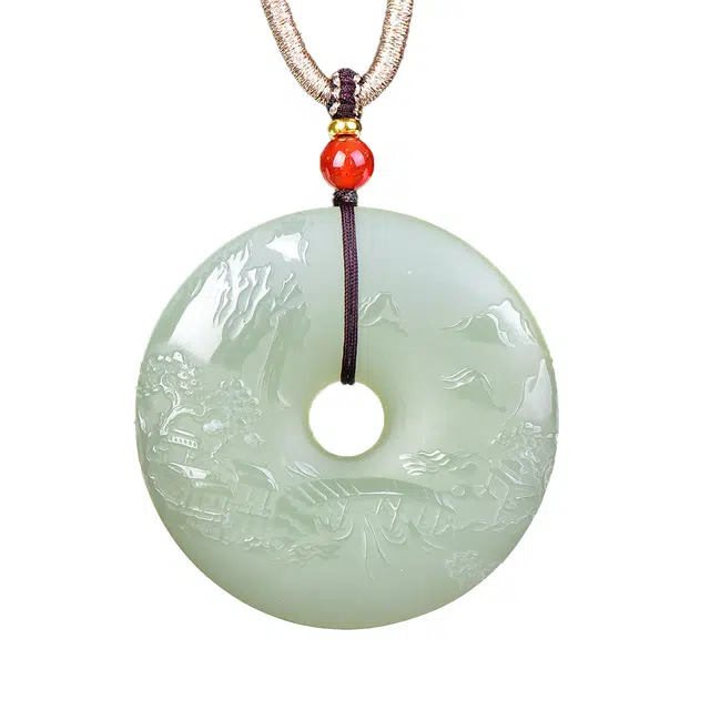 舒杰 山水平安扣 和田玉 和田玉项链 男女同款情侣款 青白玉