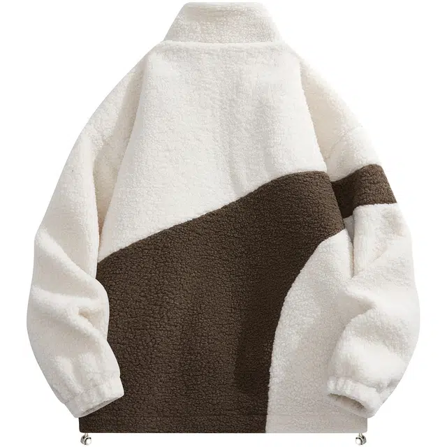 蜡笔小新 撞色弧线拼接卡通小新徽标保暖加绒加厚休闲宽松立领羊羔绒绒感外套 男女同款