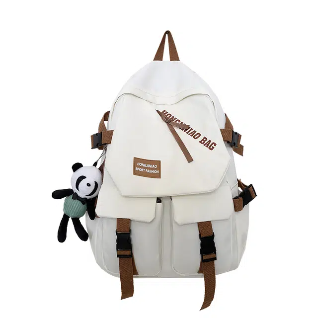 德力熊 纯色带挂件运动风 尼龙布 双肩包 大号 男女同款情侣款 黑色/白色/灰色/绿色/卡其色/蓝色