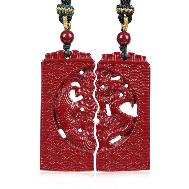 翠雅金楼 国潮复古新中式立体精雕招财转运双面再造辰砂朱砂龙凤呈祥坠子 再造辰砂朱砂 玉石吊坠 男女同款情侣款