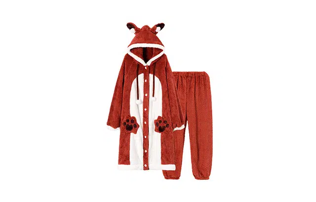 橡柠派 冬季保暖小狐狸耳朵睡袍可爱少女宽松可两穿加绒加厚长袖长裤家居服套装  女款