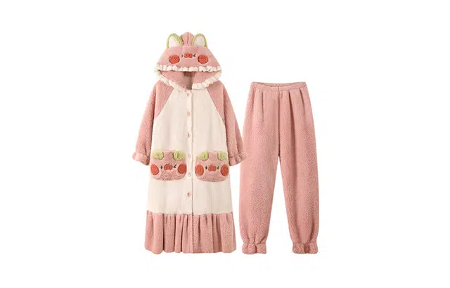 橡柠派 冬季珊瑚绒可爱小猪耳朵睡袍睡裤加厚超保暖长袖长裤家居服套装  女款 蜜桃粉