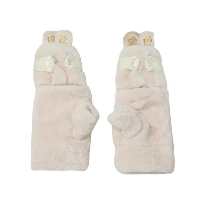 优幽兰 半指翻盖毛边保暖小兔子纯色可触屏防风防寒实用可爱学生闺蜜穿搭休闲毛绒出行护手 绒线手套 女款