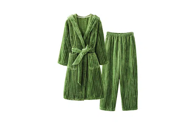 橡柠派 冬季软糯半边绒大气连帽睡衣轻奢珊瑚绒系带袍子长袖长裤家居服 家居套装  女款 墨绿色