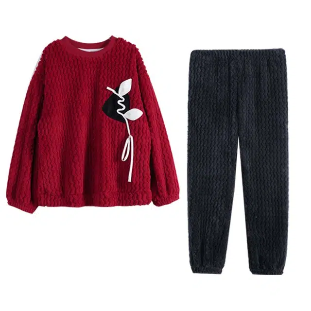 多拉美 冬季珊瑚绒睡衣 睡衣女喜庆冬季保暖熊猫绒提花加绒家居套装长袖长裤 女款 酒红