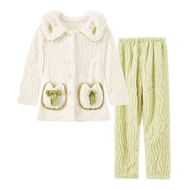 橡柠派 圆领蝴蝶结女士家居服可爱甜美小清新加厚长袖长裤套装秋冬季内衣 女款 清新绿